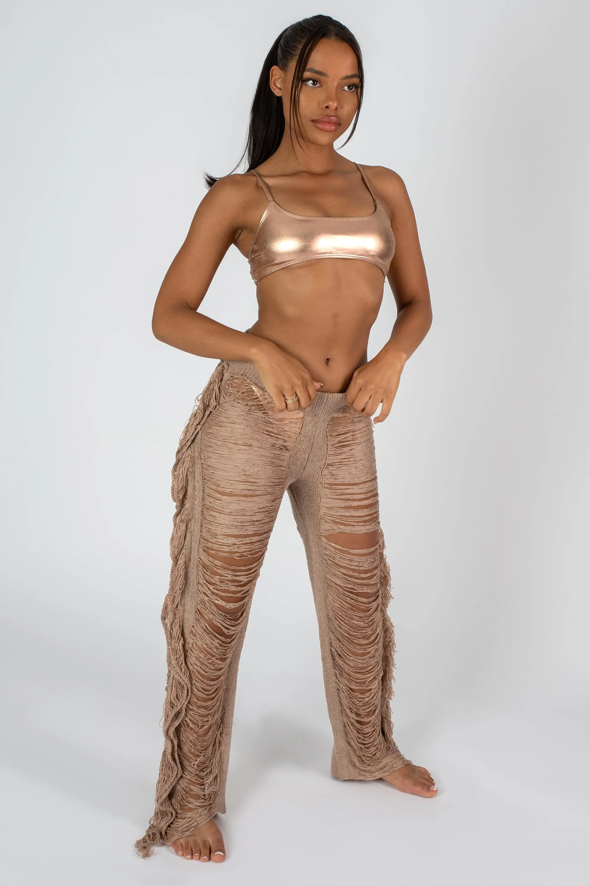 High Waist Extreme Laddered Frayed Straight Leg Knitted Trousers Nude sold by Public Desire product image thumbnail 3