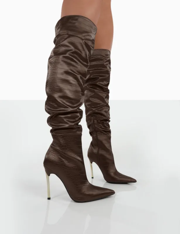 Energy Choc Croc PU Pointed Toe Stiletto Over The Knee Heeled Boots sold by Public Desire