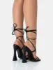 Lizzy Black Pu Lace Up Square Toe Curved High Block Heels sold by Public Desire