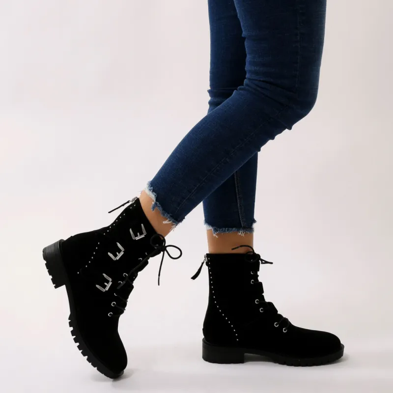 Bramble Buckled Biker Boots in Black Faux Suede sold by Public Desire