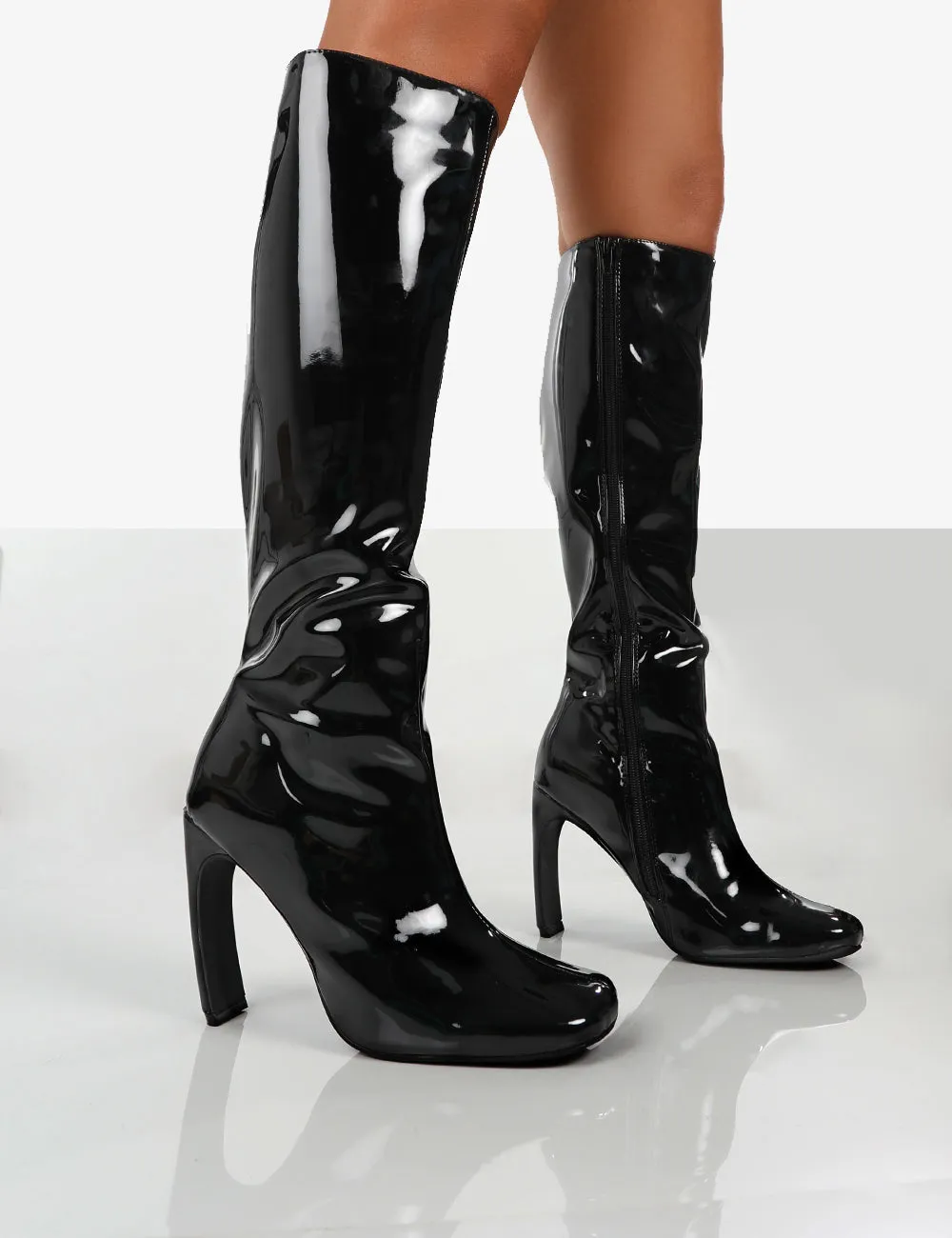 Peppa Black Patent Block Heel Knee High Boots sold by Public Desire