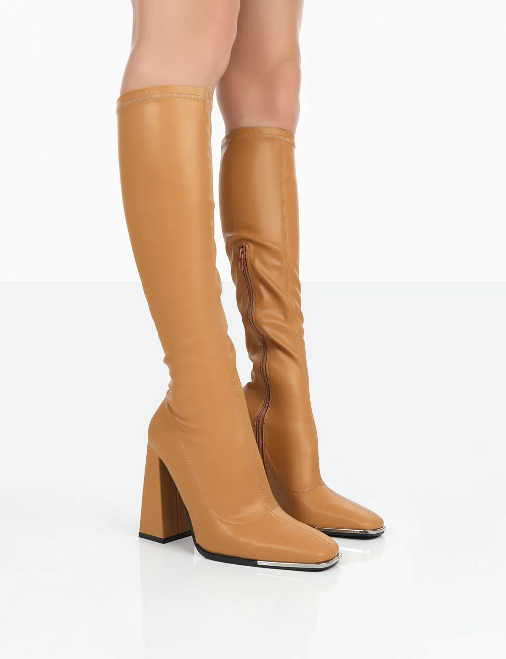 Caryn Camel Grain Pu Patent Knee High Block Heeled Boots sold by Public Desire