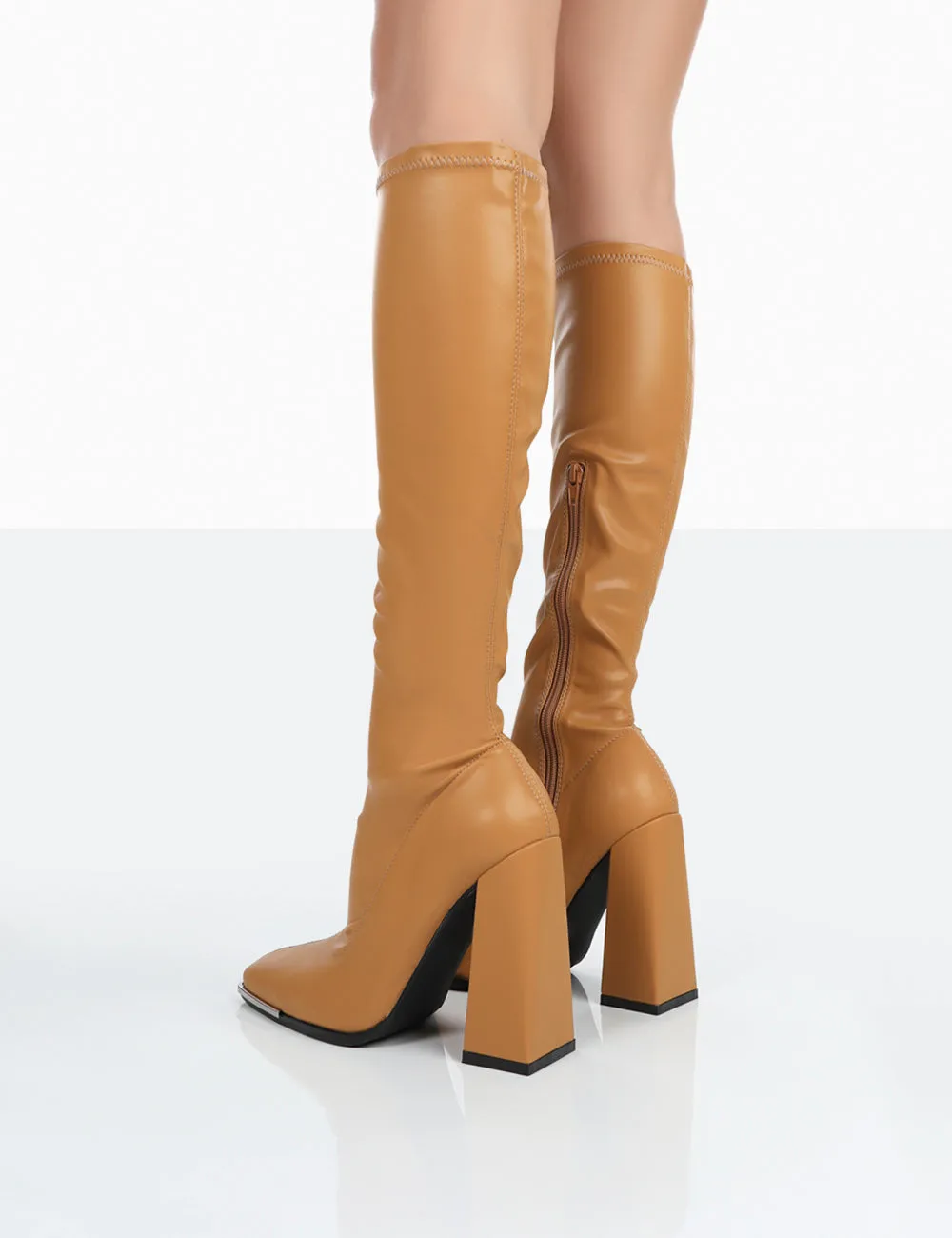 Caryn Camel Grain Pu Patent Knee High Block Heeled Boots sold by Public Desire product image thumbnail 4
