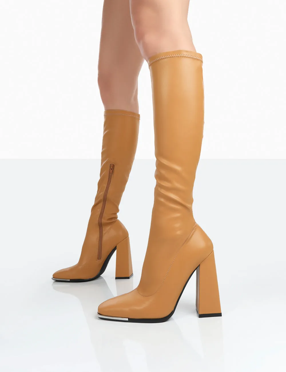 Caryn Camel Grain Pu Patent Knee High Block Heeled Boots sold by Public Desire product image thumbnail 2