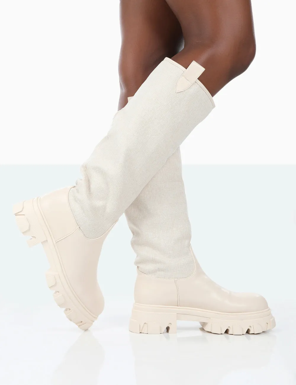 Genius Ecru PU Knee High Linen Platform Chunky Sole Boots sold by Public Desire product image thumbnail 2