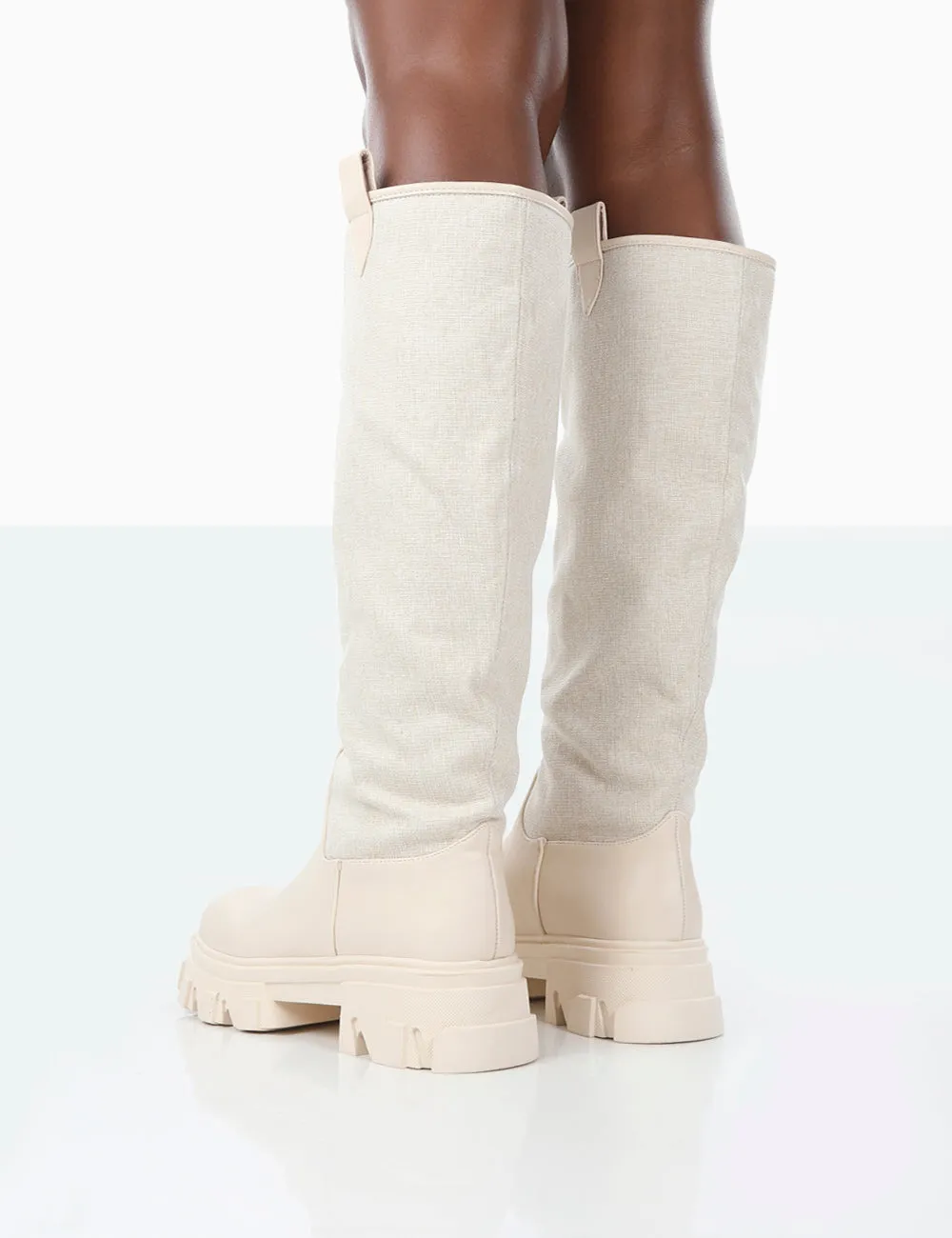 Genius Ecru PU Knee High Linen Platform Chunky Sole Boots sold by Public Desire product image thumbnail 3