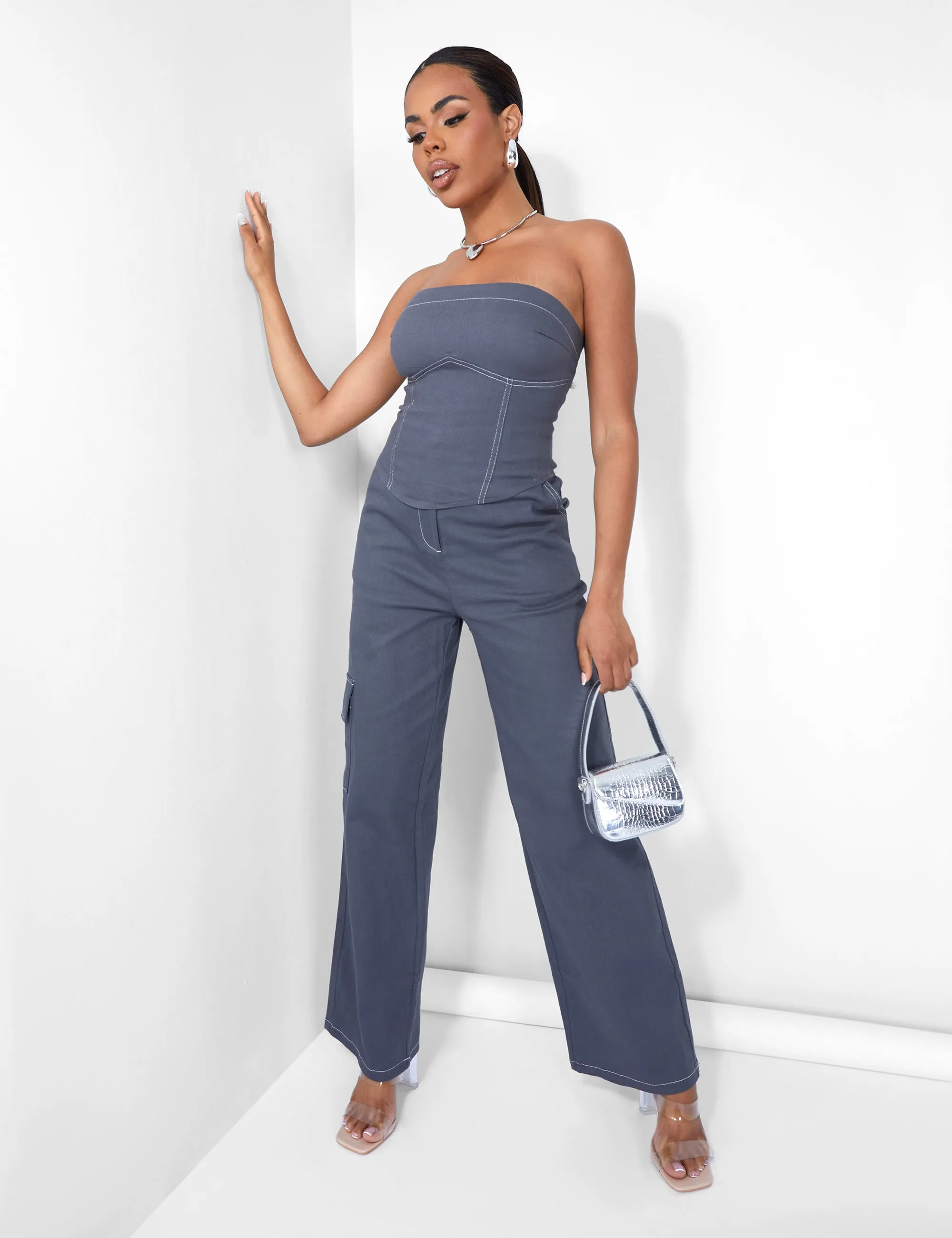 Denim Contrast Stitch Bandeau Top Grey sold by Public Desire product image thumbnail 5