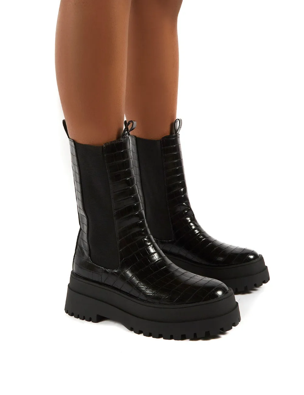 Blame Black Croc Chunky Sole Calf High Boots sold by Public Desire