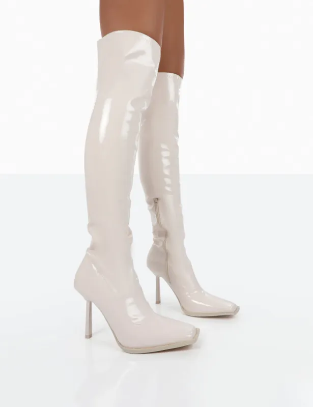 Jenine Ecru Patent Over The Knee Stiletto Heeled Boots sold by Public Desire