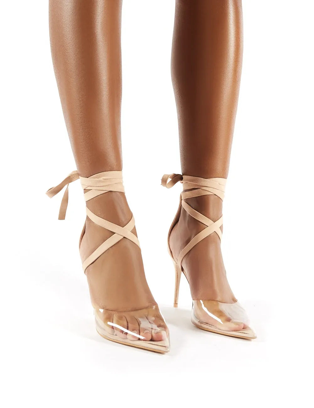 Devote Nude Faux Suede Clear Perspex Lace Up Stiletto Heels sold by Public Desire