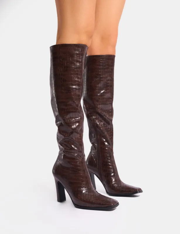 Acquilla Brown Croc Knee High Flared Heel Boots sold by Public Desire