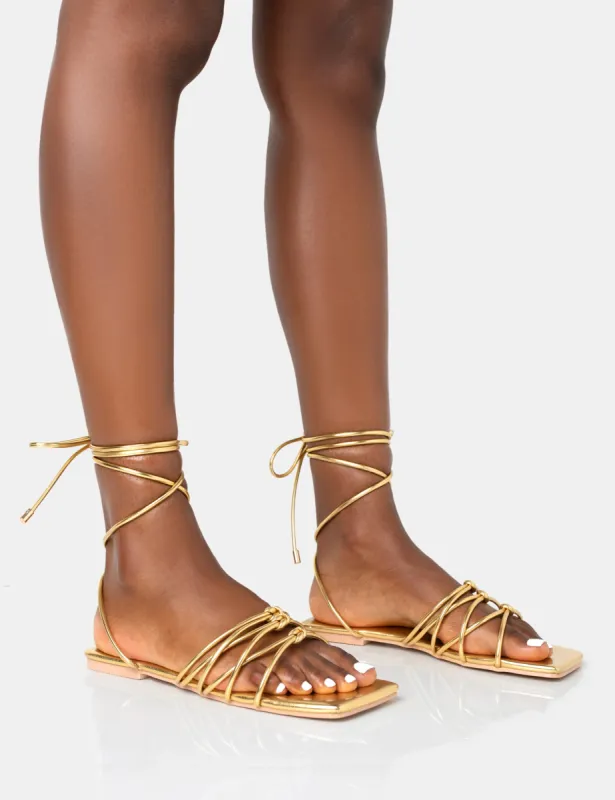 Kelly Gold Pu Lace Up Flat Square Toe Sandals sold by Public Desire