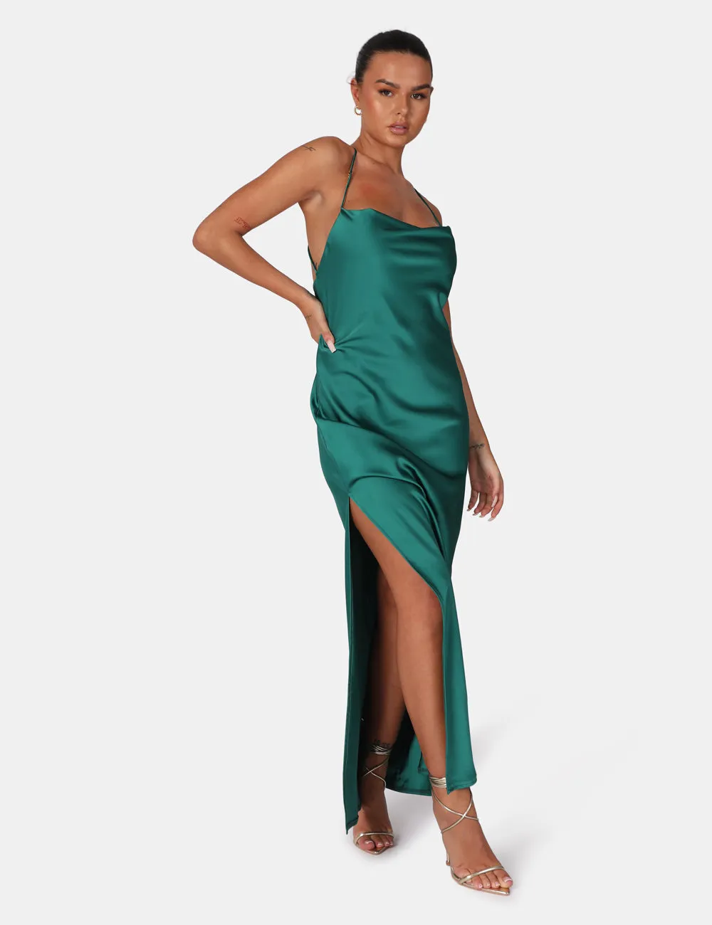 Split Hem Cowl Neck Cross Back Maxi Dress Emerald Green sold by Public Desire product image thumbnail 2