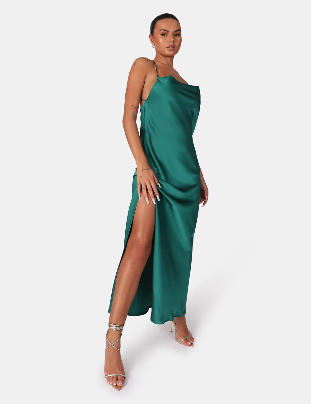 Split Hem Cowl Neck Cross Back Maxi Dress Emerald Green sold by Public Desire product image thumbnail 3