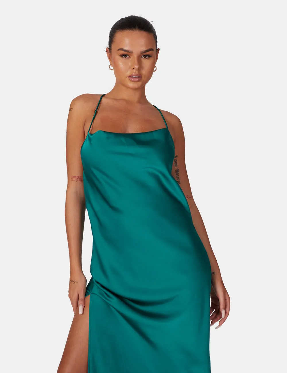 Split Hem Cowl Neck Cross Back Maxi Dress Emerald Green sold by Public Desire product image thumbnail 4