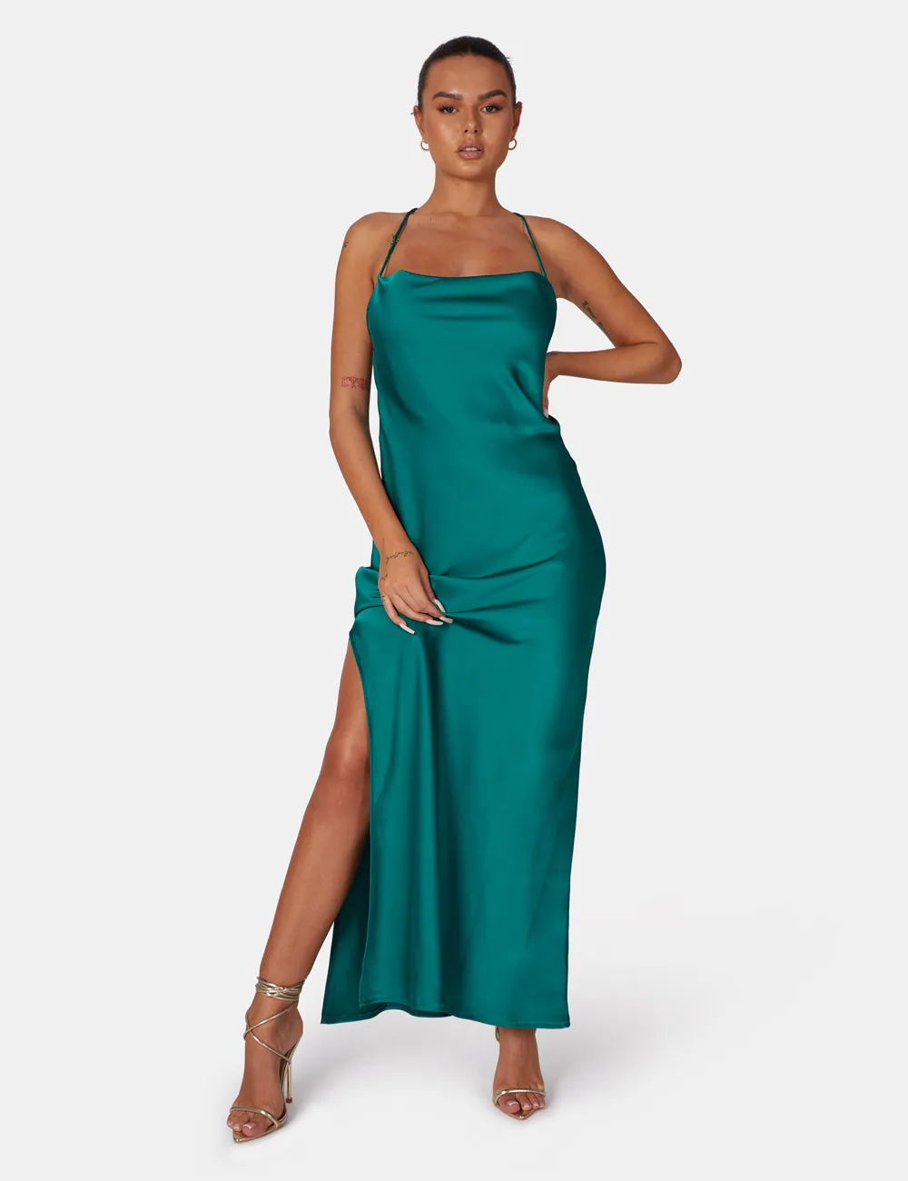 Split Hem Cowl Neck Cross Back Maxi Dress Emerald Green sold by Public Desire