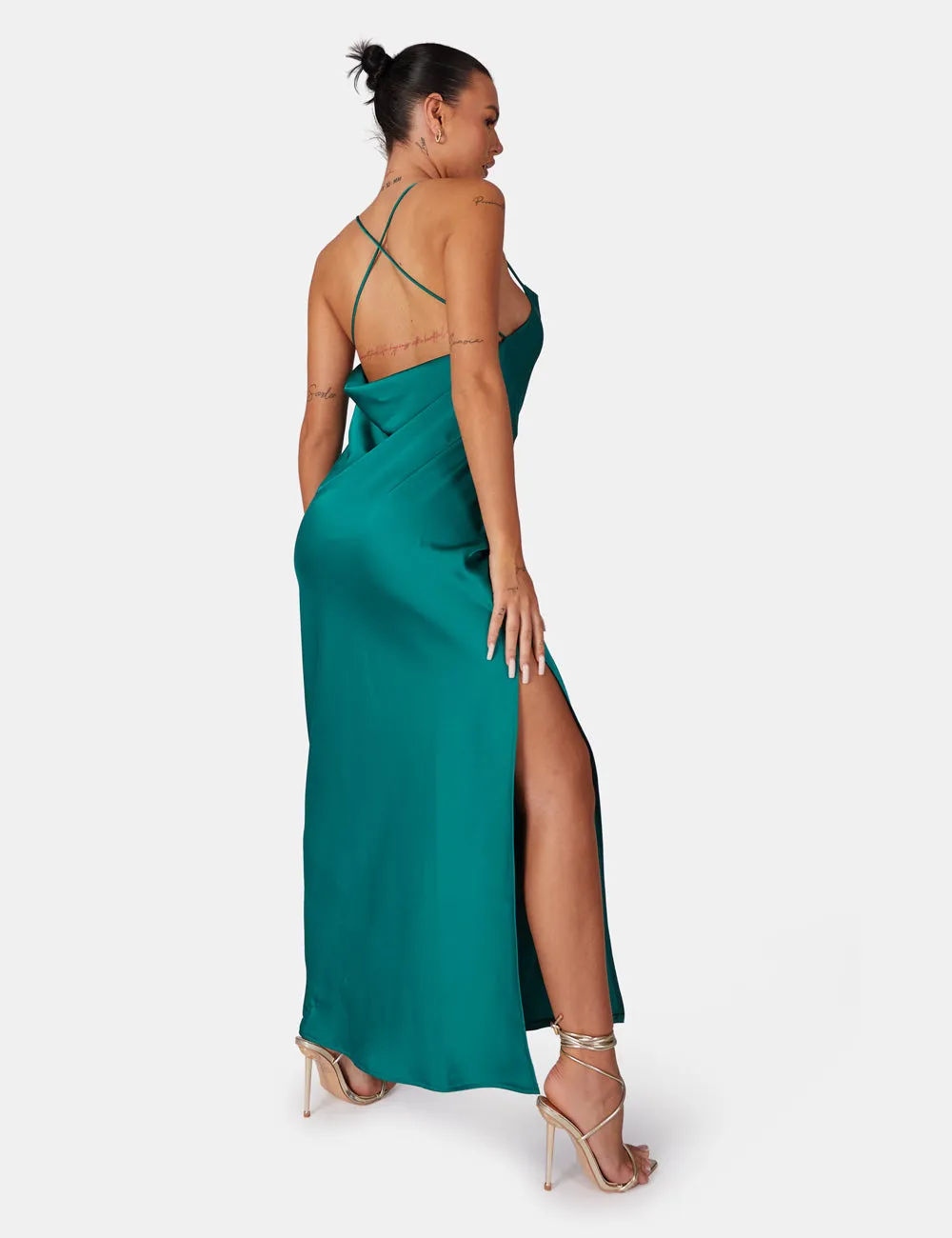 Split Hem Cowl Neck Cross Back Maxi Dress Emerald Green sold by Public Desire product image thumbnail 5