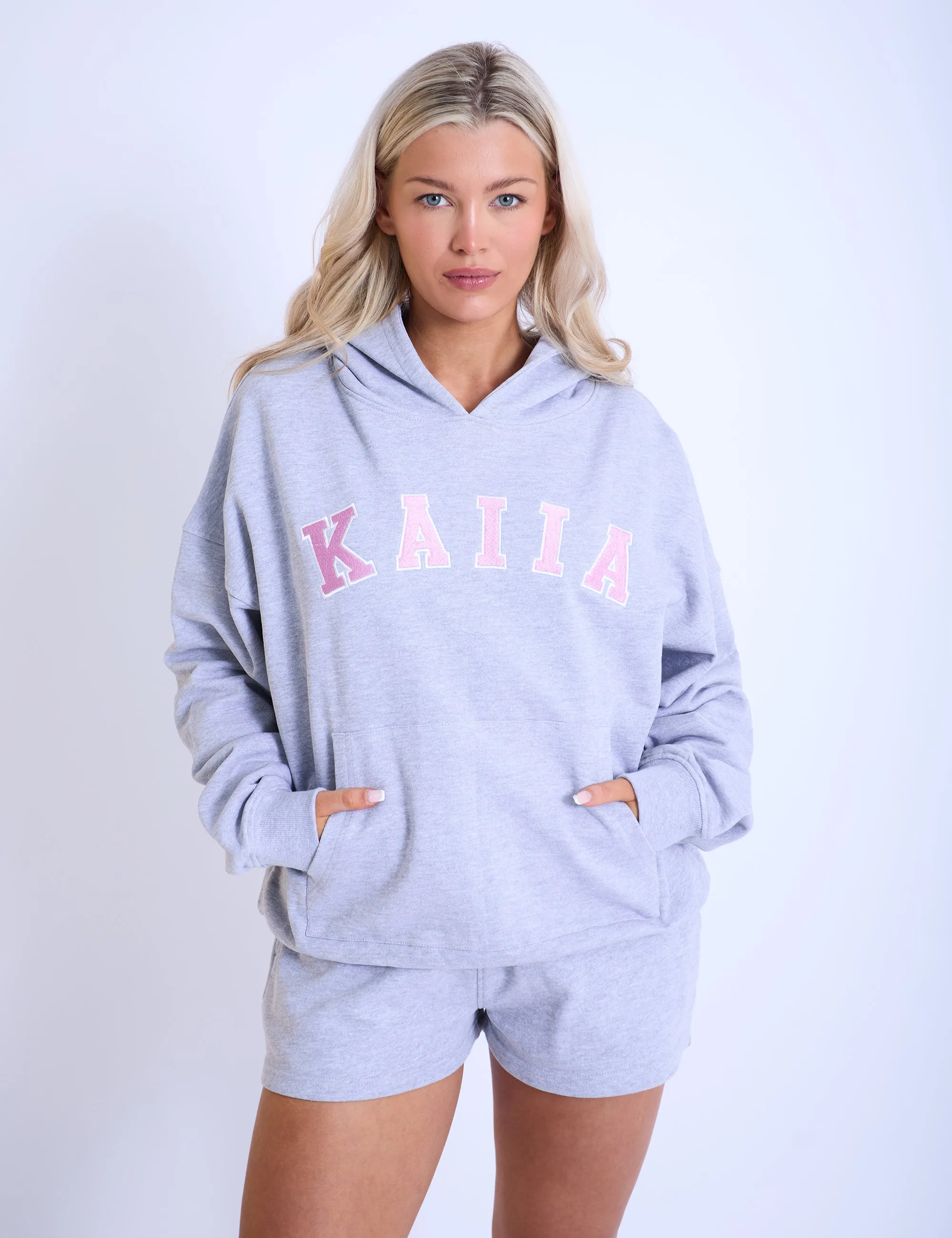 Kaiia Slogan Oversized Hoodie Grey Marl & Pink sold by Public Desire