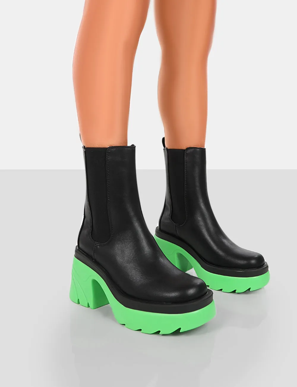 Step Up Black Green PU Platform Chunky Sole Heeled Ankle Boots sold by Public Desire