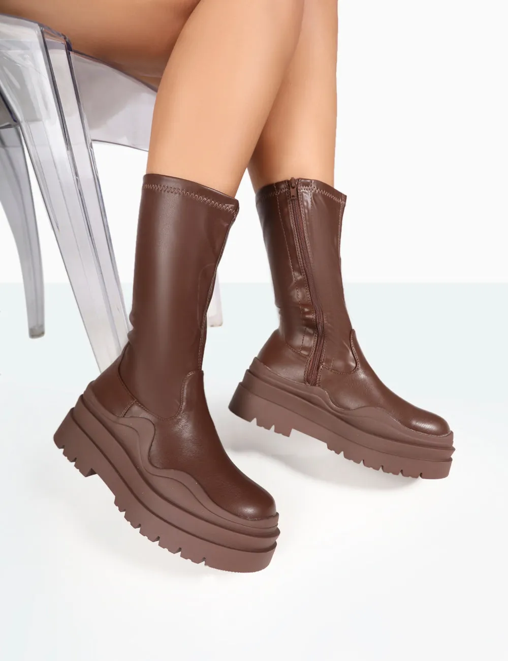 Cam Chocolate PU Chunky Sole Round Toe Ankle Boots sold by Public Desire
