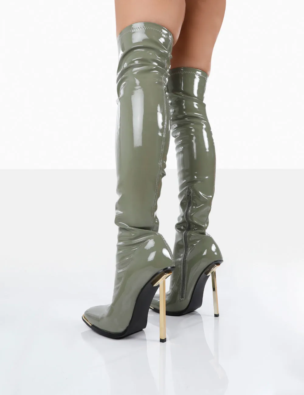 Kenza X Public Desire Vicki Sage Grey Patent over the Knee Stiletto Heeled Boots sold by Public Desire product image thumbnail 2