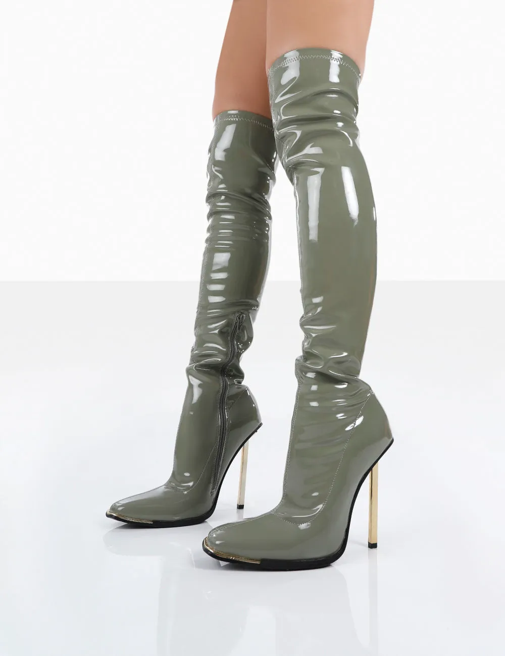 Kenza X Public Desire Vicki Sage Grey Patent over the Knee Stiletto Heeled Boots sold by Public Desire product image thumbnail 4