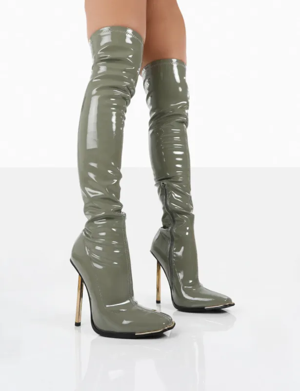 Kenza X Public Desire Vicki Sage Grey Patent over the Knee Stiletto Heeled Boots sold by Public Desire
