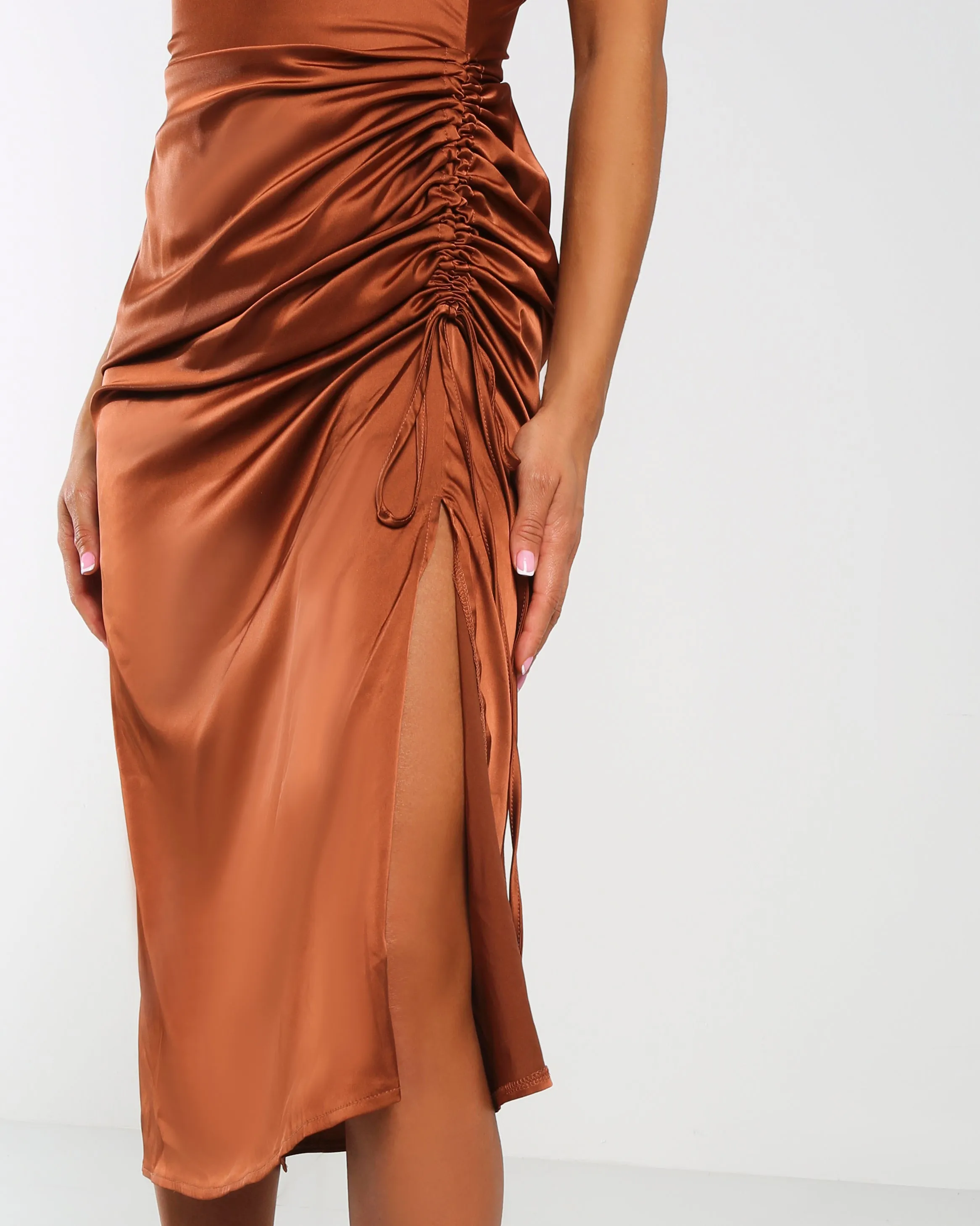 Amber x Public Desire cowl front midi dress in satin chocolate sold by Public Desire product image thumbnail 4