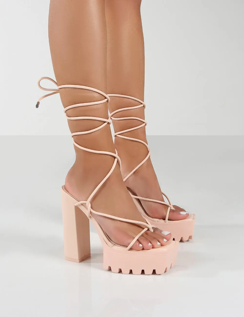 Certified Nude Chunky Platform Lace Up Heels sold by Public Desire