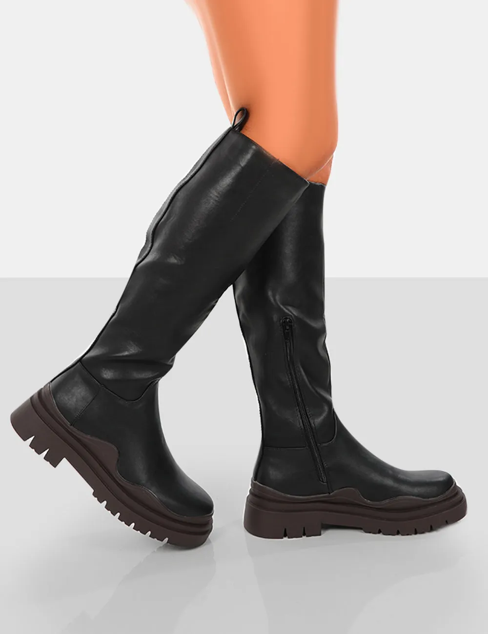 On Point Chocolate Black PU Chunky Sole Knee High Boots sold by Public Desire product image thumbnail 4