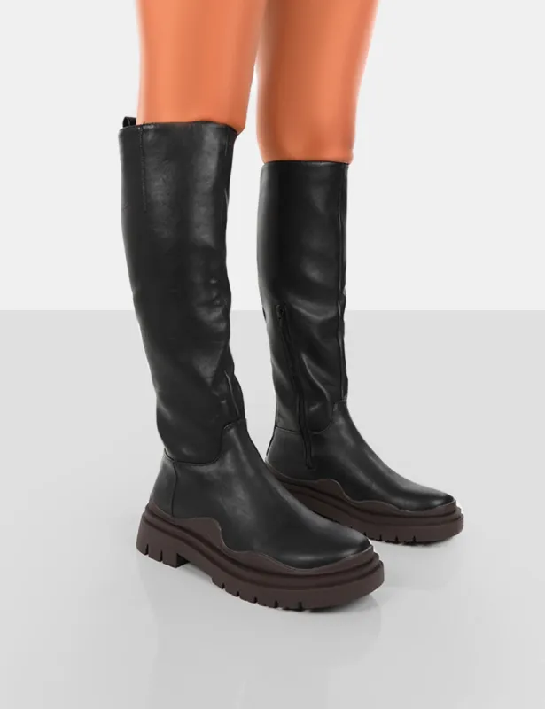 On Point Chocolate Black PU Chunky Sole Knee High Boots sold by Public Desire