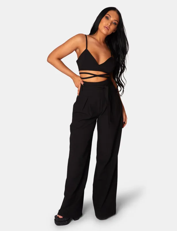 Tie Waist Wide Leg Trousers Black sold by Public Desire