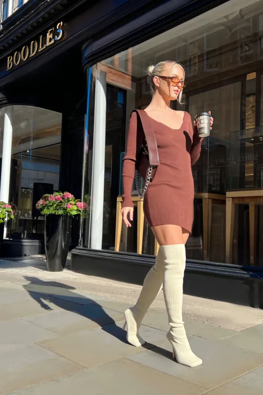 Bubbles Ecru Knitted Square Toe Over The Knee Stiletto Boots sold by Public Desire