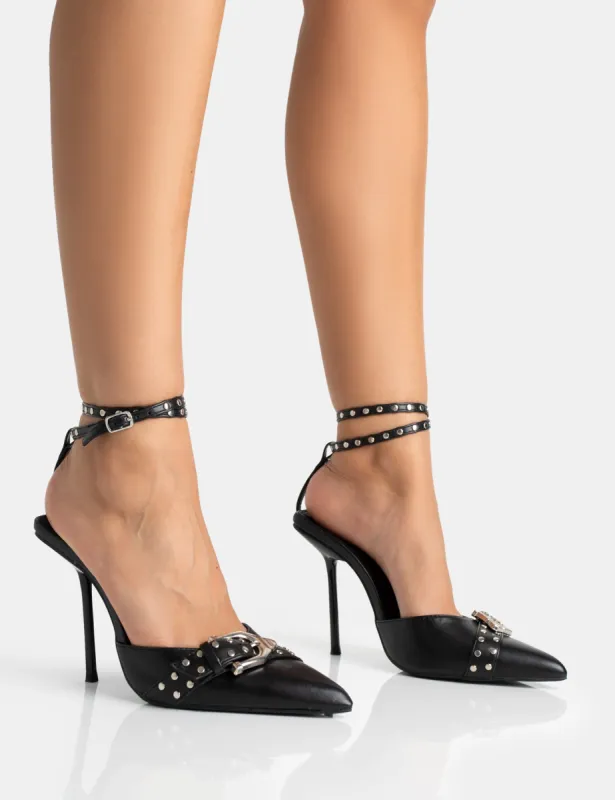 Ozella Black Pu Studded Buckle Wrap Around Pointed Court Stiletto Heel sold by Public Desire