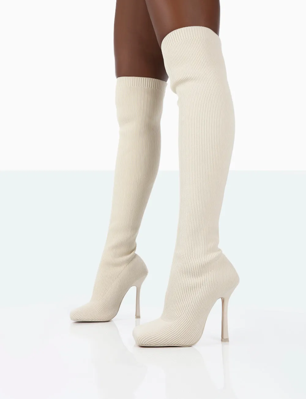 Bubbles Ecru Knitted Square Toe Over The Knee Stiletto Boots sold by Public Desire product image thumbnail 5