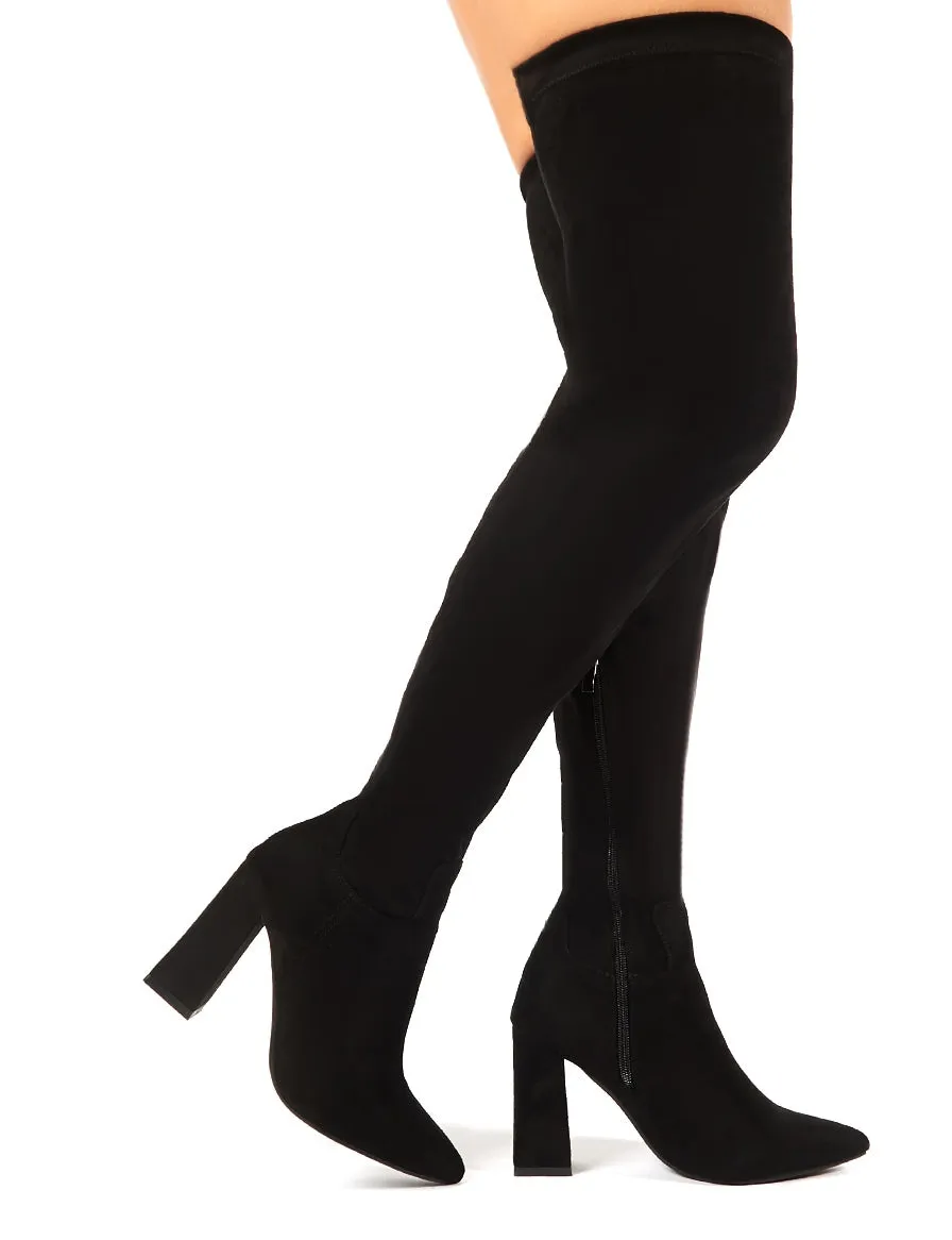 Rapture Over the Knee Boots in Black Faux Suede sold by Public Desire