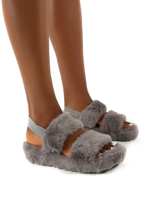 Dawn Grey Strap Back Faux Fur Fluffy Slippers sold by Public Desire