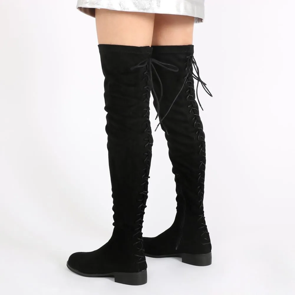 Arya Lace Up Back Flat Long Boots in Black Faux Suede sold by Public Desire product image thumbnail 4