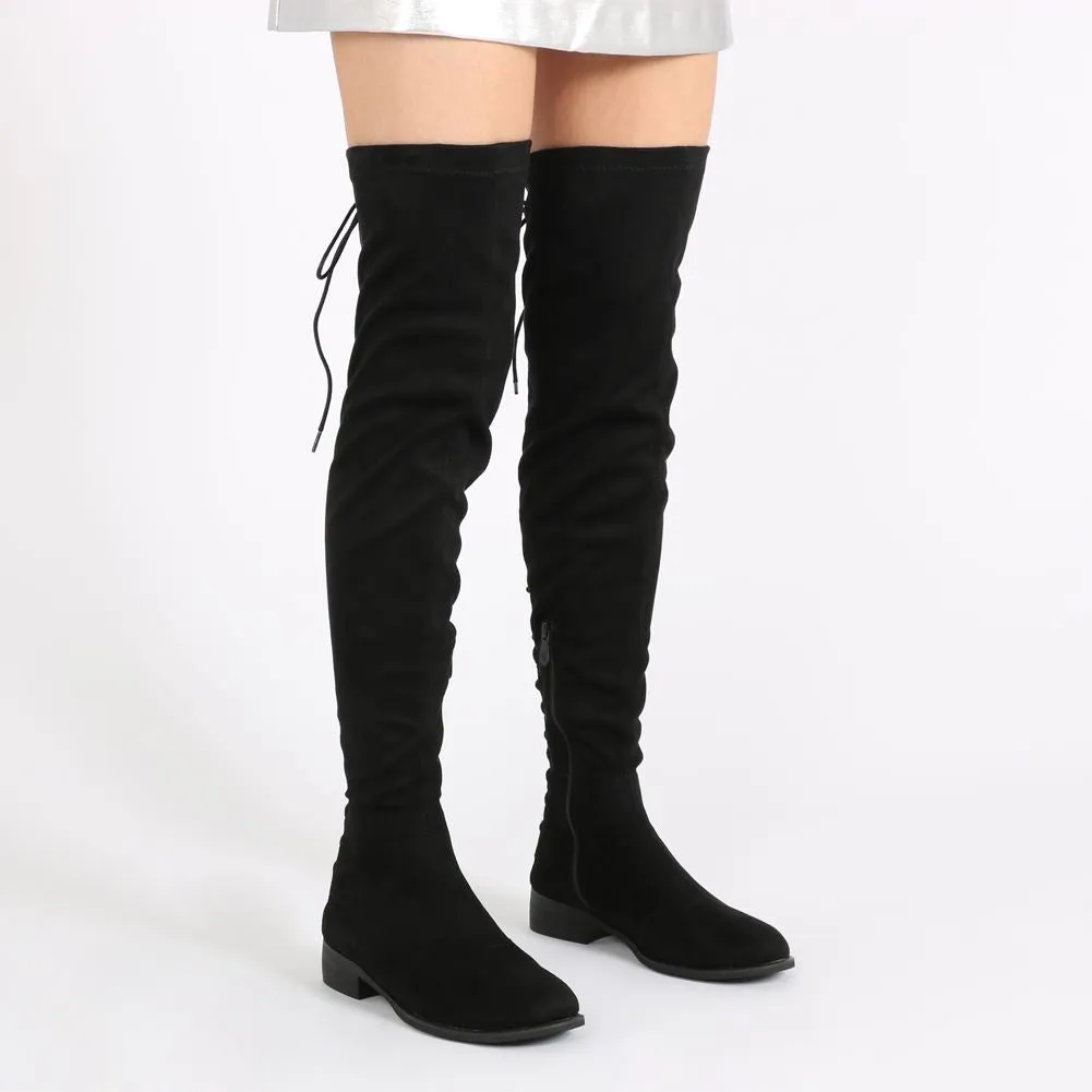 Arya Lace Up Back Flat Long Boots in Black Faux Suede sold by Public Desire product image thumbnail 2