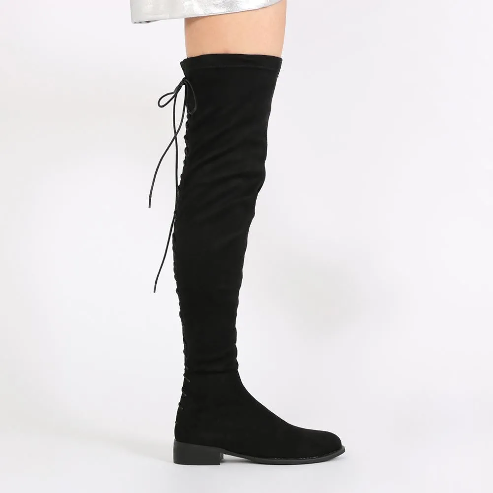 Arya Lace Up Back Flat Long Boots in Black Faux Suede sold by Public Desire product image thumbnail 5