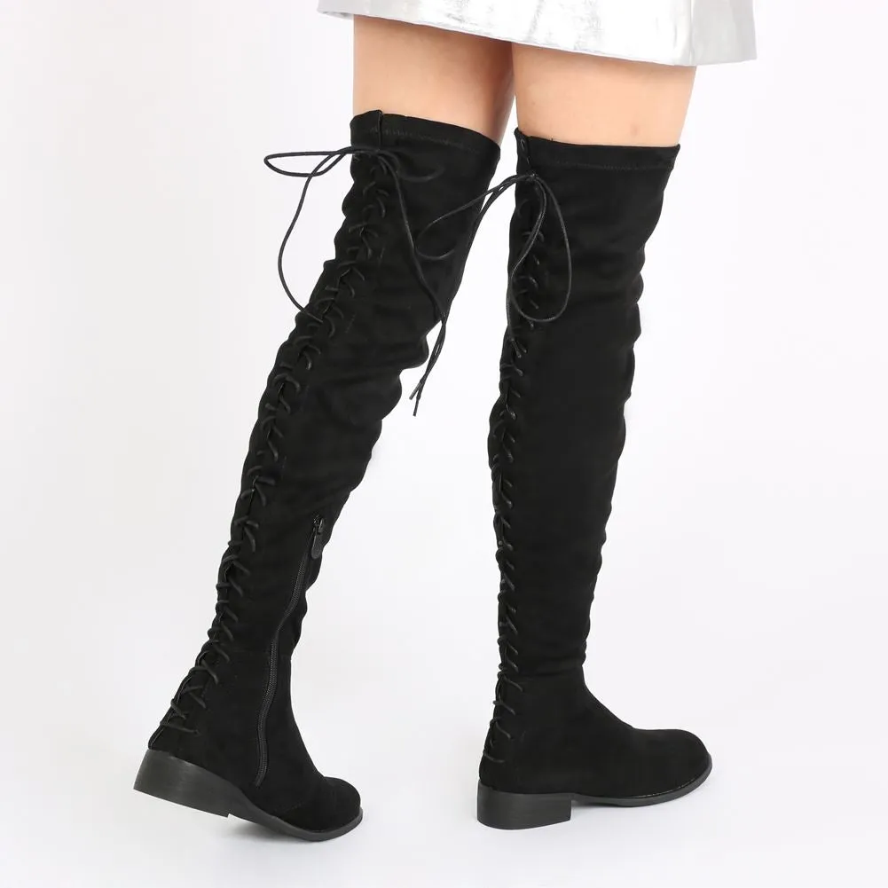 Arya Lace Up Back Flat Long Boots in Black Faux Suede sold by Public Desire product image thumbnail 3