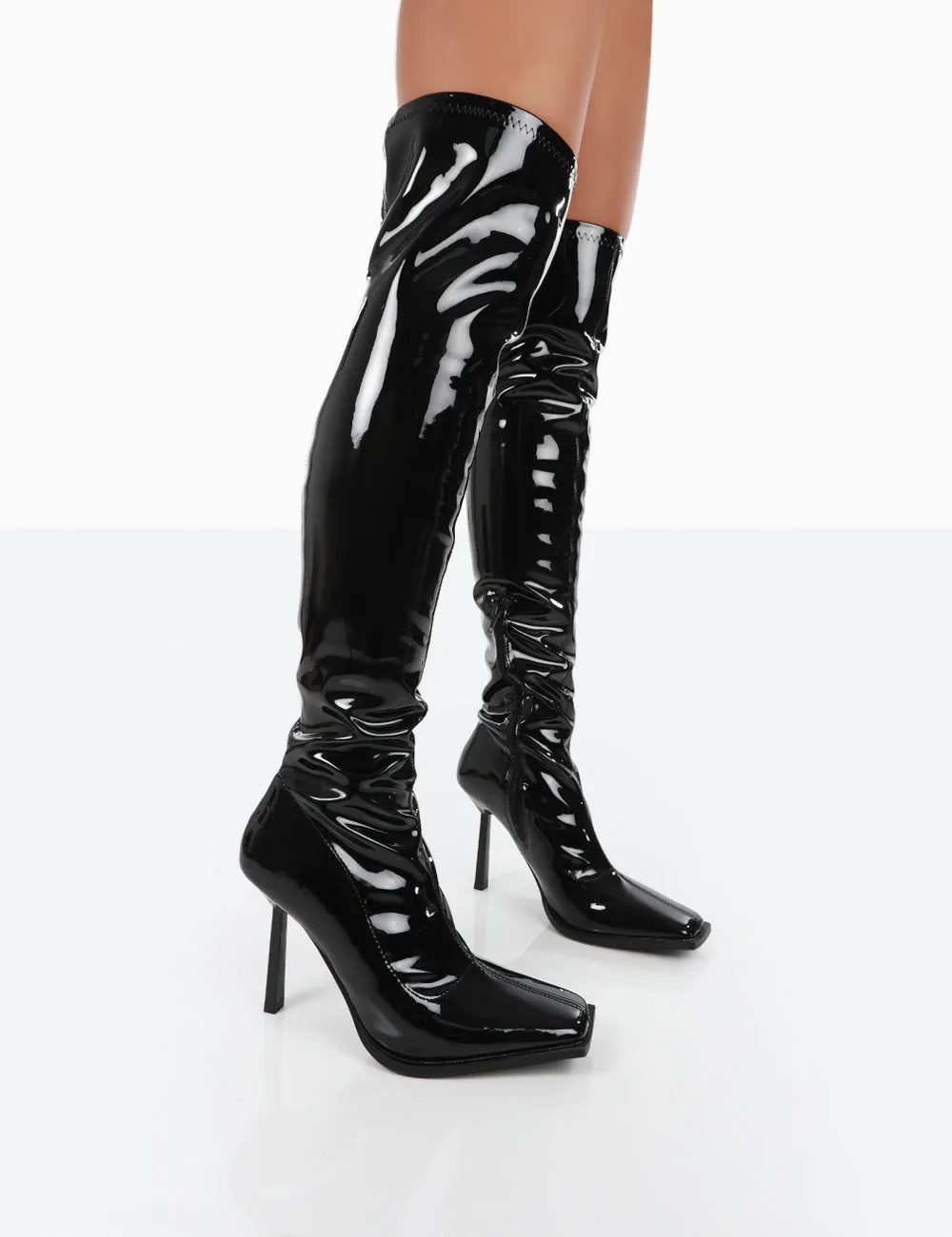 Jenine Black Patent Over The Knee Stiletto Heeled Boots sold by Public Desire