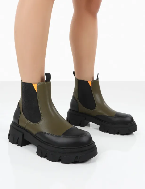 Trance Khaki Chunky Sole Chelsea Boots sold by Public Desire