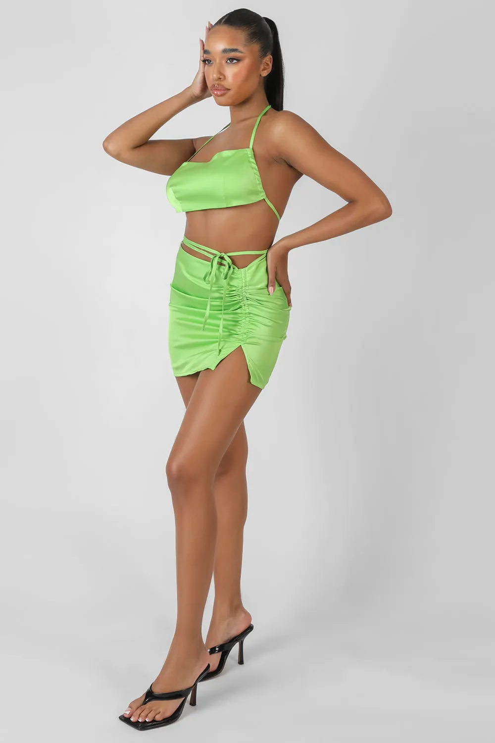 Satin Ruched Detail Mini Skirt Green sold by Public Desire product image thumbnail 4