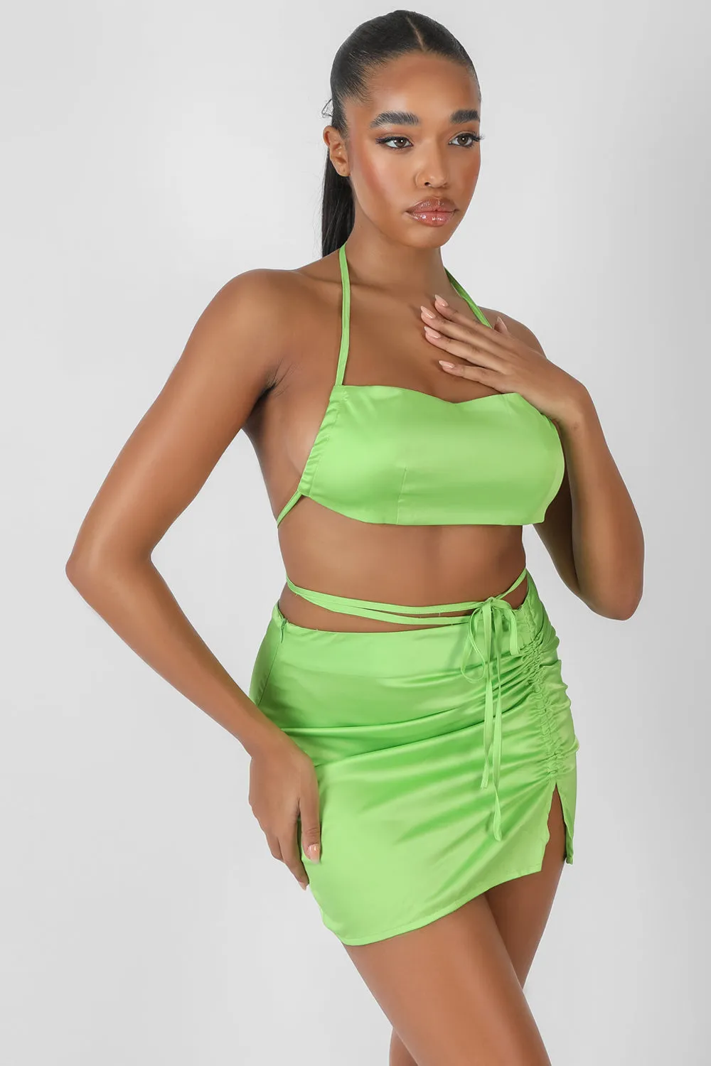 Satin Ruched Detail Mini Skirt Green sold by Public Desire product image thumbnail 2