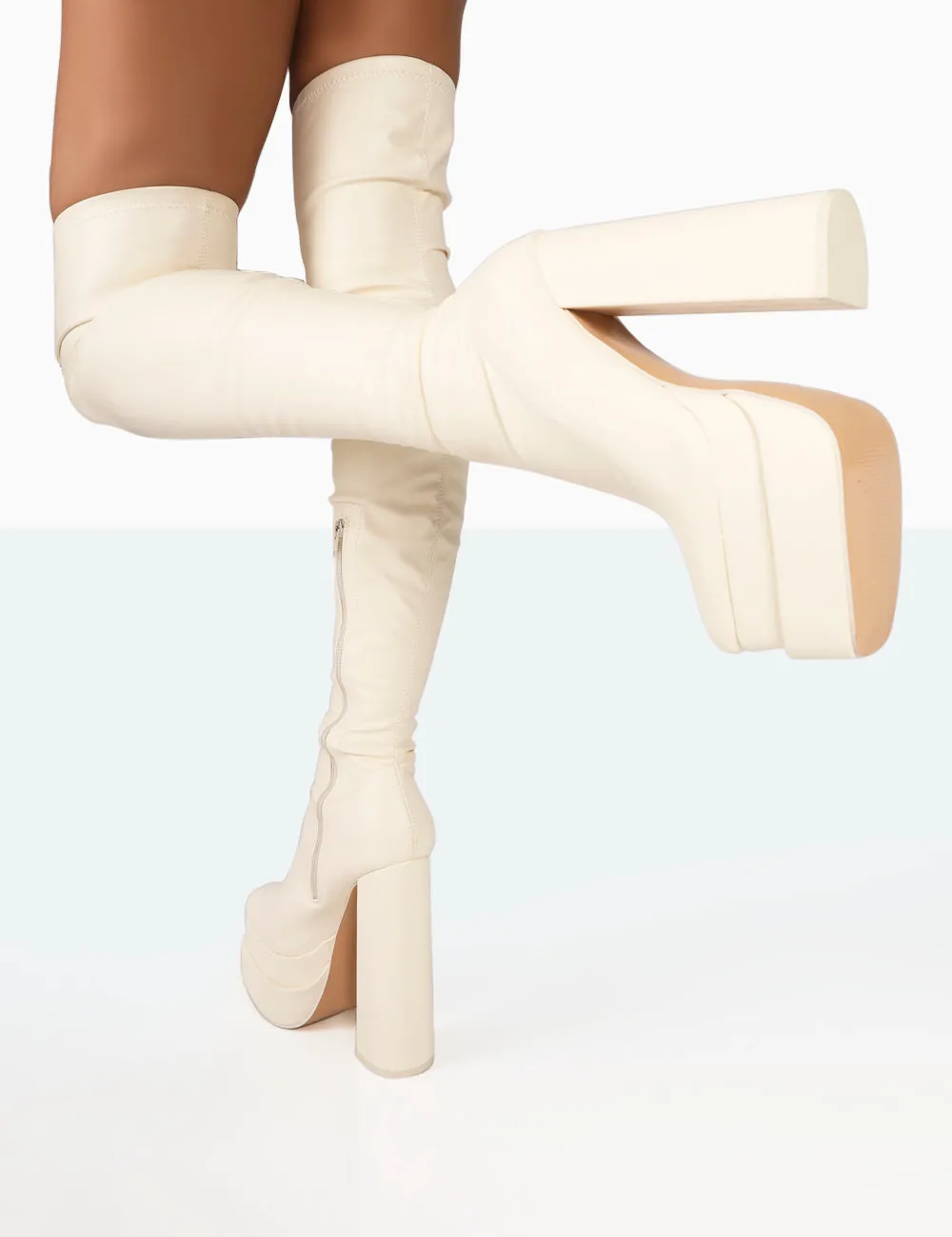 Identity Ecru Grain Pu Platform Heel Over The Knee Boots sold by Public Desire product image thumbnail 2