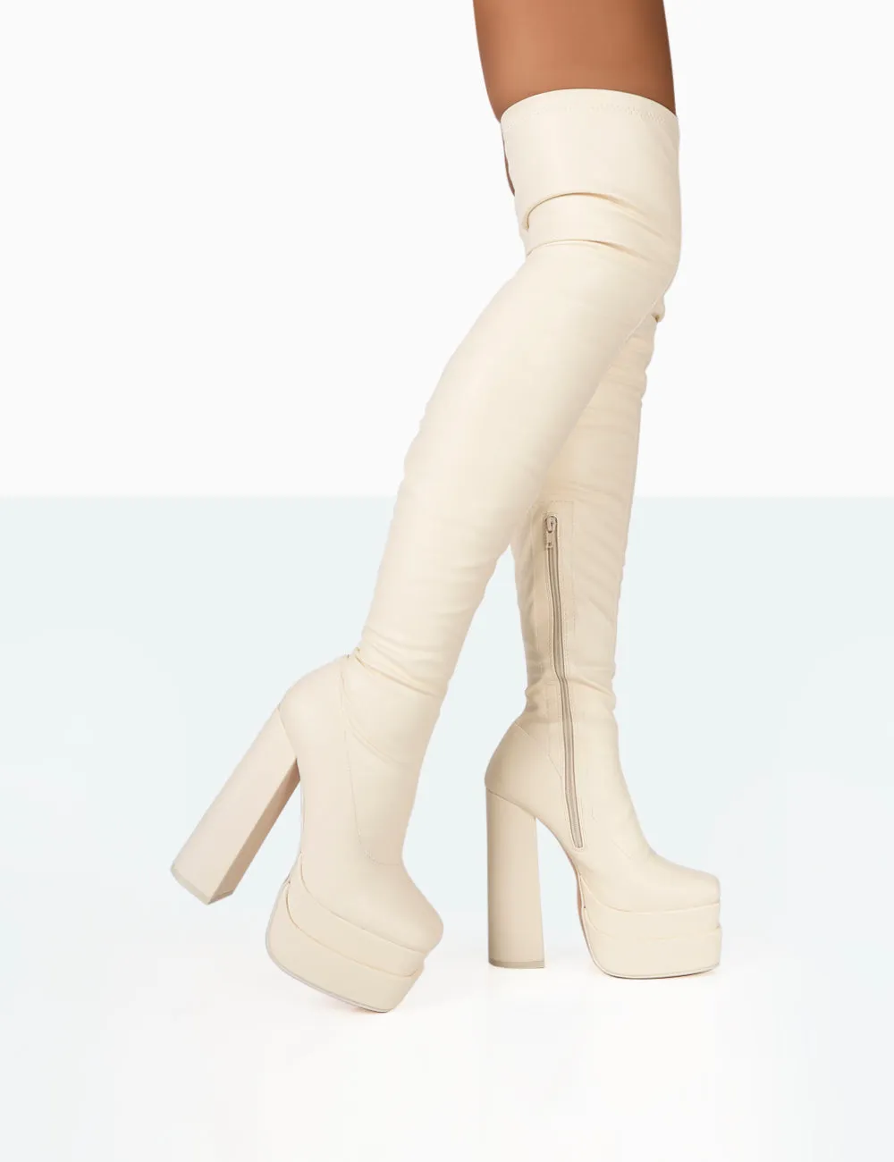 Identity Ecru Grain Pu Platform Heel Over The Knee Boots sold by Public Desire product image thumbnail 3