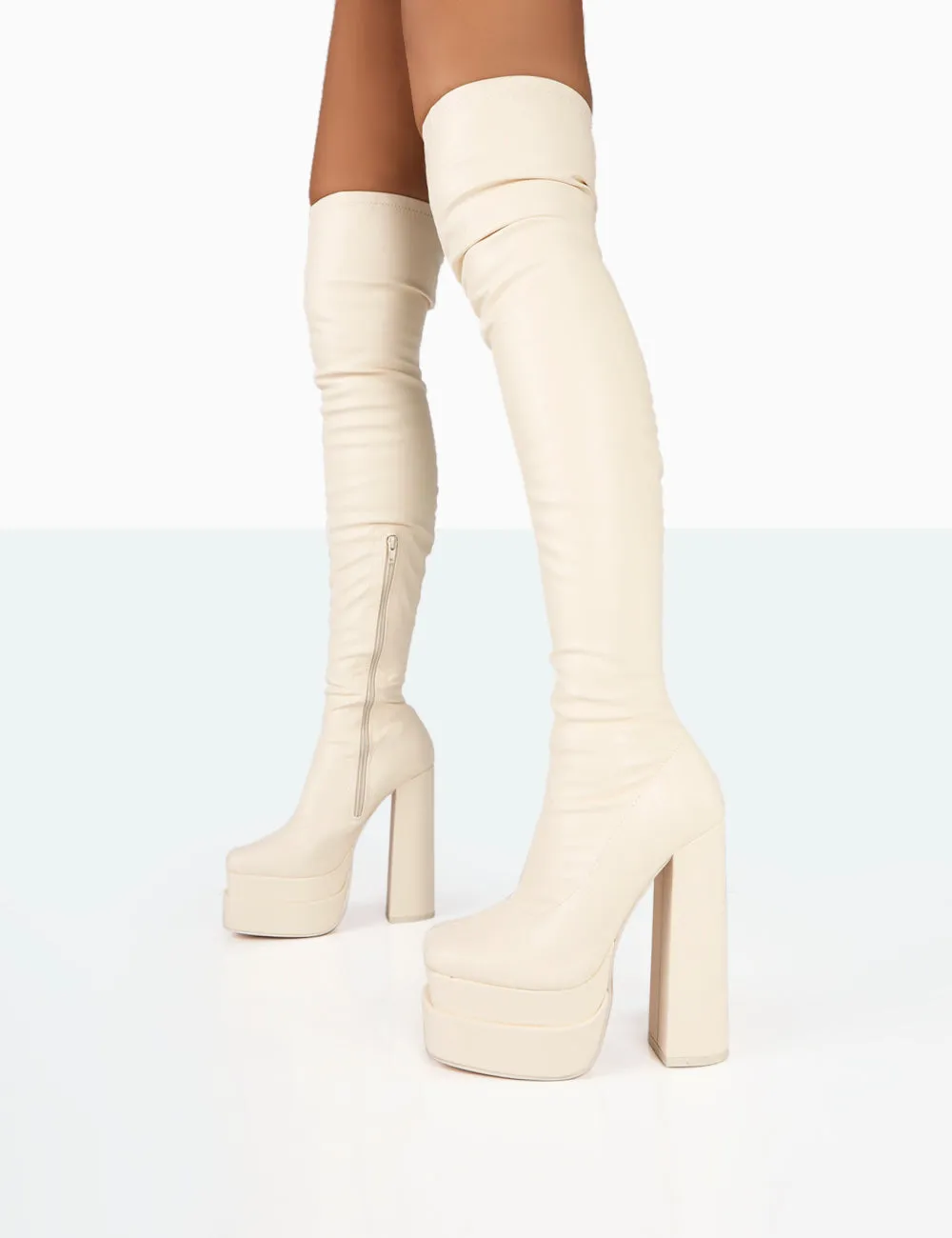 Identity Ecru Grain Pu Platform Heel Over The Knee Boots sold by Public Desire
