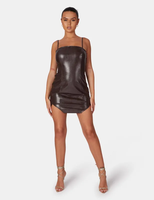 Square Neck Croc Hem Cut Out Mini Dress Chocolate sold by Public Desire
