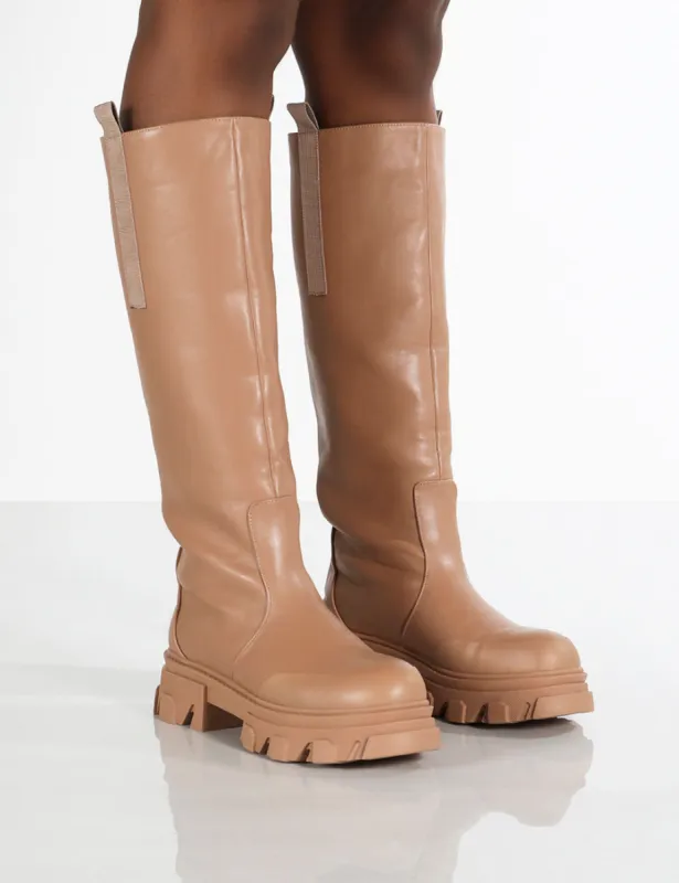 Genius Tan Knee High Chunky Sole Boots sold by Public Desire